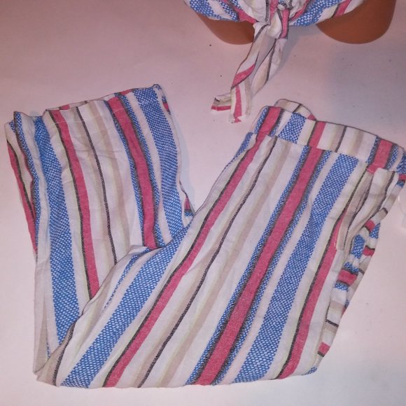 Caffe Marrakesh Set Medium Tie Front Top Capri Pink Blue White Linen Ble…‎ - Picture 6 of 12